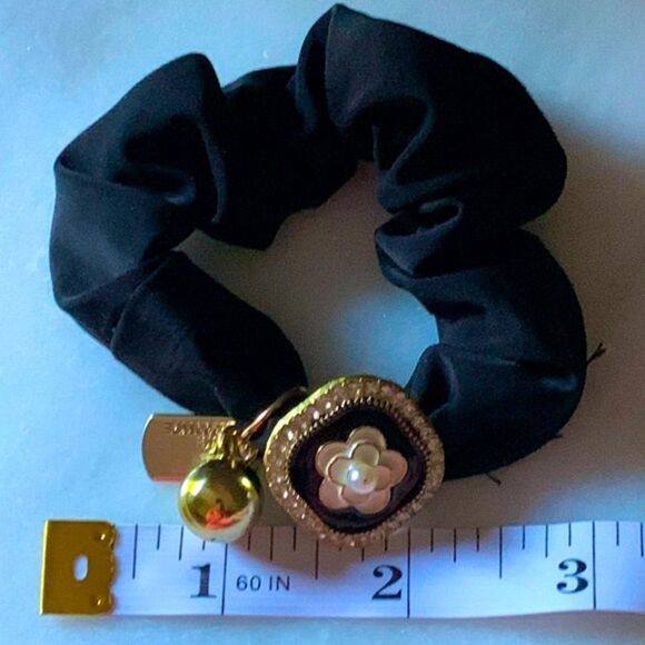 Black Camellia Flower Scrunchie with Charms - Hair Tie Hair Band Ponytail - Picture 6 of 10